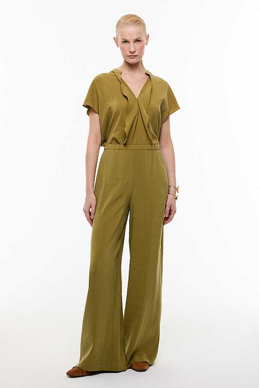 Beli Lastikli Geniş Paça Pantolon Olive - Roman