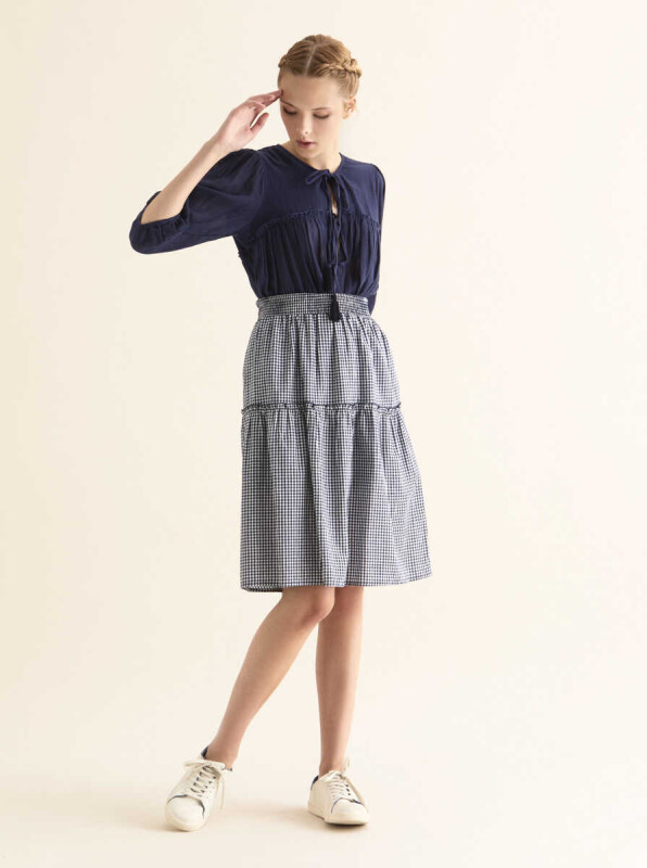 Beli Lastikli Kareli Kadın Etek Lacivert - 3