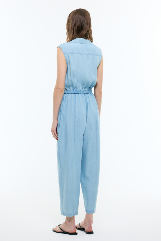 Beli Lastikli Kolsuz Denim Tulum Mavi - Roman (1)