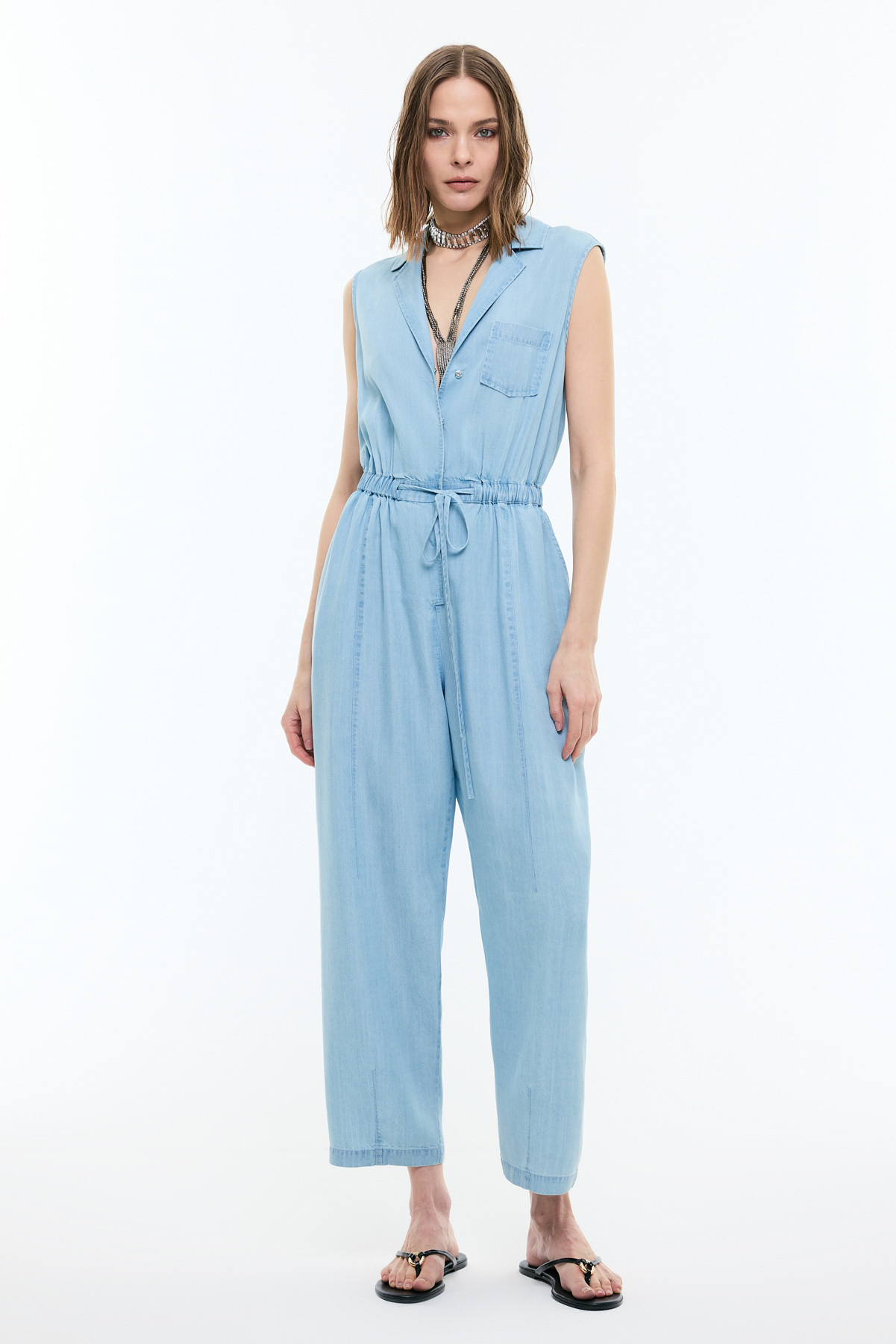 Beli Lastikli Kolsuz Denim Tulum Mavi