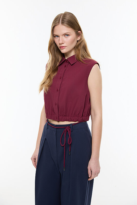 Beli Lastikli Poplin Crop Gömlek Bordo - 3