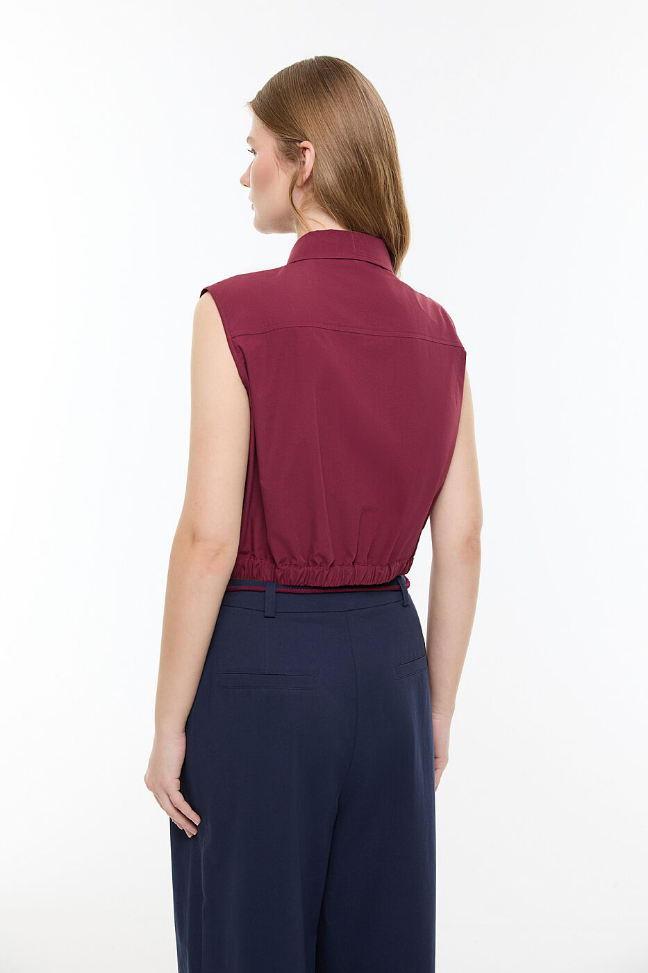 Beli Lastikli Poplin Crop Gömlek Bordo - 2