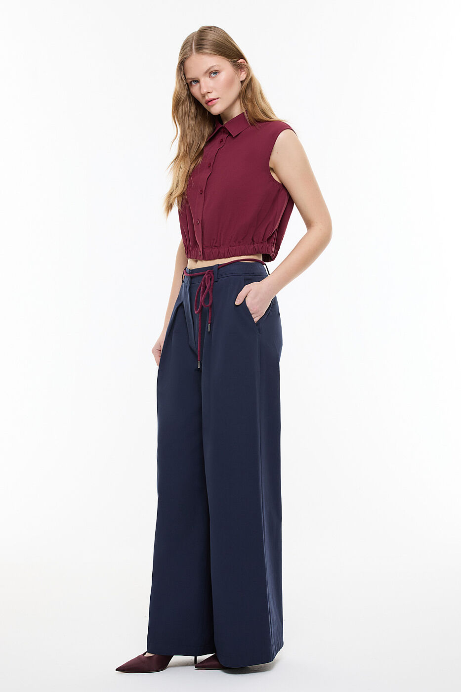 Beli Lastikli Poplin Crop Gömlek Bordo - 4