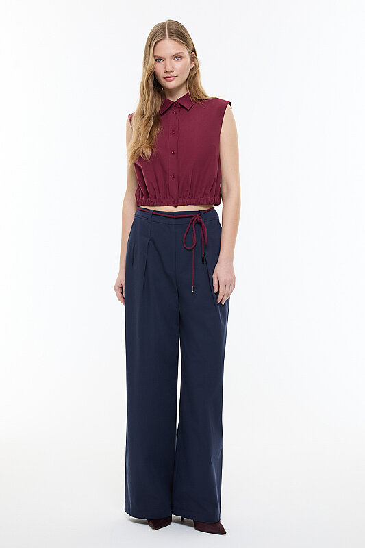Beli Lastikli Poplin Crop Gömlek Bordo - 6