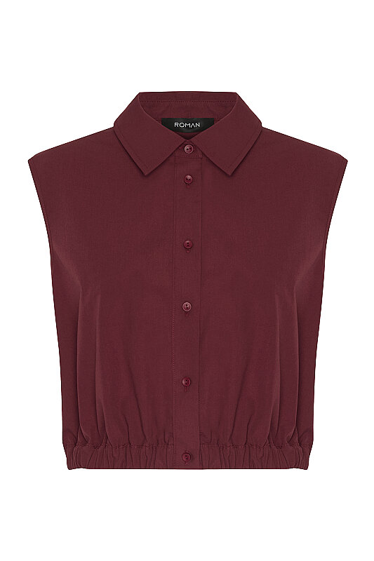 Beli Lastikli Poplin Crop Gömlek Bordo - 7