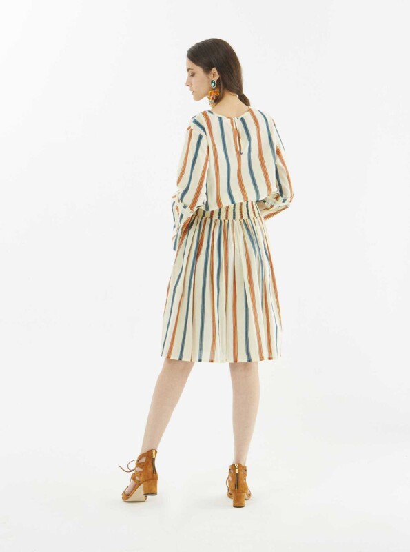 Beli Lastikli Renkli Çizgili Etek Krem - 2