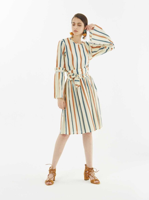 Beli Lastikli Renkli Çizgili Etek Krem - 3