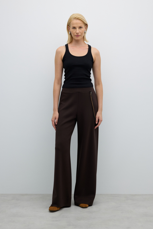 Beli Lastikli Tiktak ve Kordon Detaylı Geniş Paça Pantolon Kahve - 1