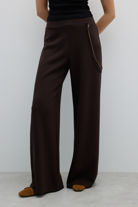 Beli Lastikli Tiktak ve Kordon Detaylı Geniş Paça Pantolon Kahve - 4