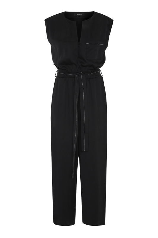 Beli latikli ve Kuşaklı Önü Fermuarlı V Yaka Tulum Lacivert - 4