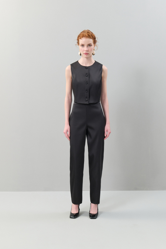 Bisiklet Yaka Düğmeli Saten Yelek Siyah - 3