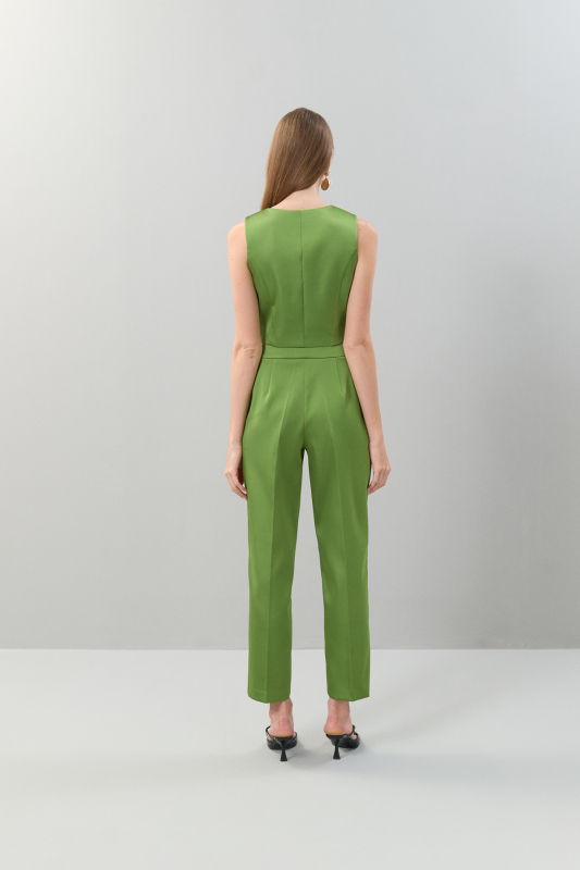 Bisiklet Yaka Düğmeli Saten Yelek Yeşil - 2