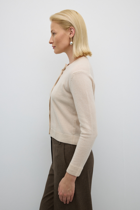 Bisiklet Yaka Düğmeli Yün Kaşmir Karışımlı Hırka Bej - 4