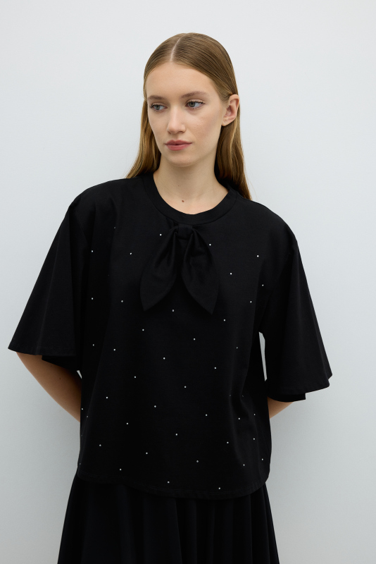 Bisiklet Yaka Fiyonk Taş Baskılı T-shirt Siyah - 3