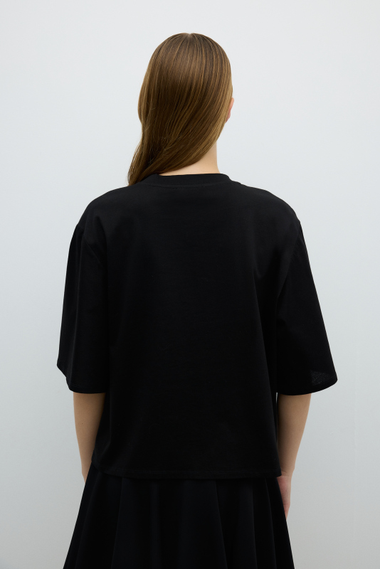 Bisiklet Yaka Fiyonk Taş Baskılı T-shirt Siyah - 2