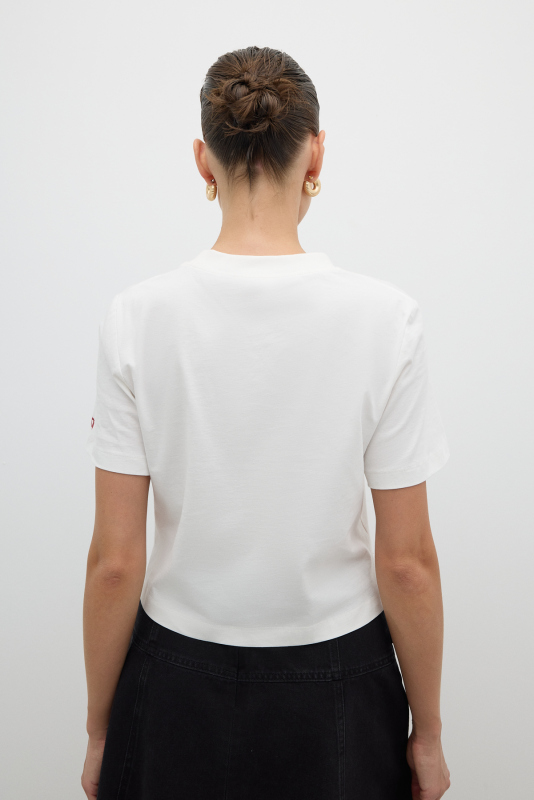 Bisiklet Yaka Kalp Nakışlı T-shirt Ekru - 2