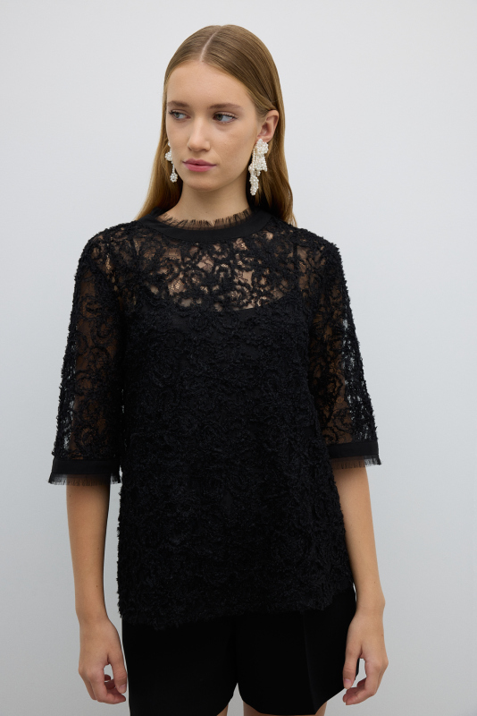 Bisiklet Yaka Kısa Kol Bluz Siyah - 1