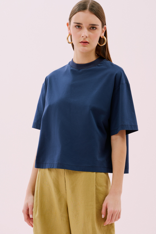 Bisiklet Yaka Kısa Kol Crop T-shirt Lacivert - 1