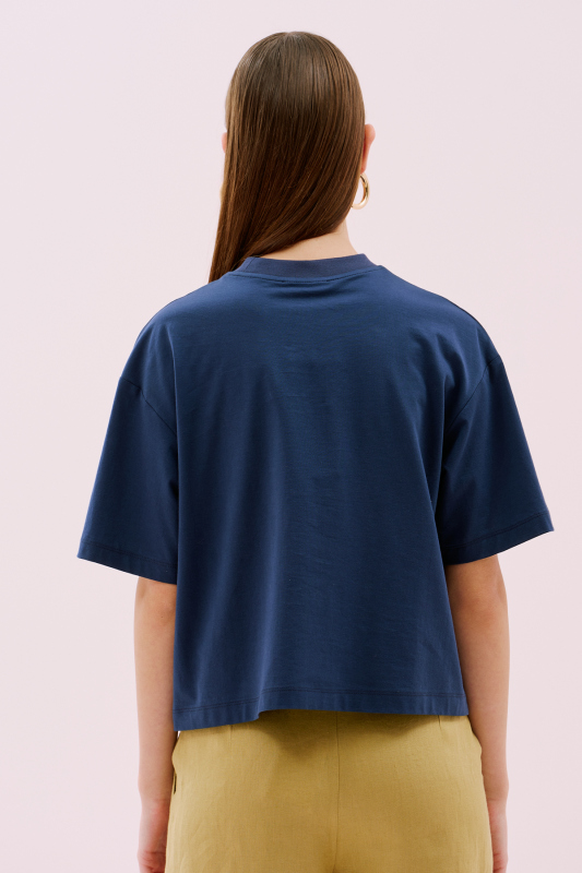 Bisiklet Yaka Kısa Kol Crop T-shirt Lacivert - 2