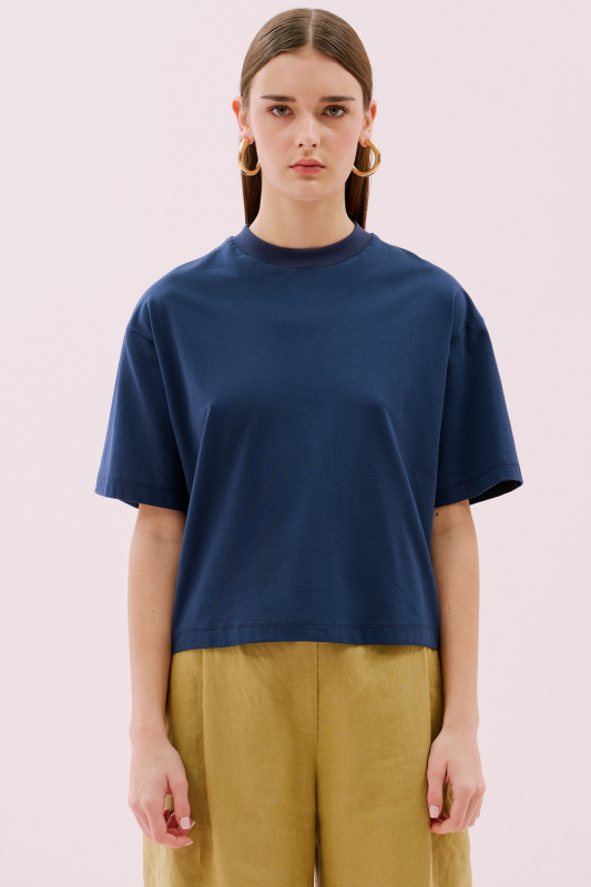 Bisiklet Yaka Kısa Kol Crop T-shirt Lacivert - 3