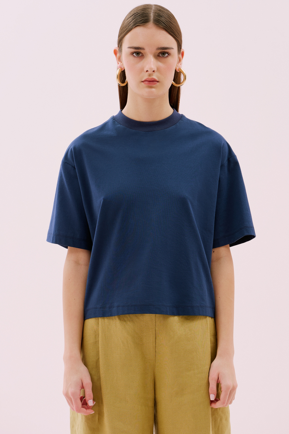 Bisiklet Yaka Kısa Kol Crop T-shirt Lacivert - 3