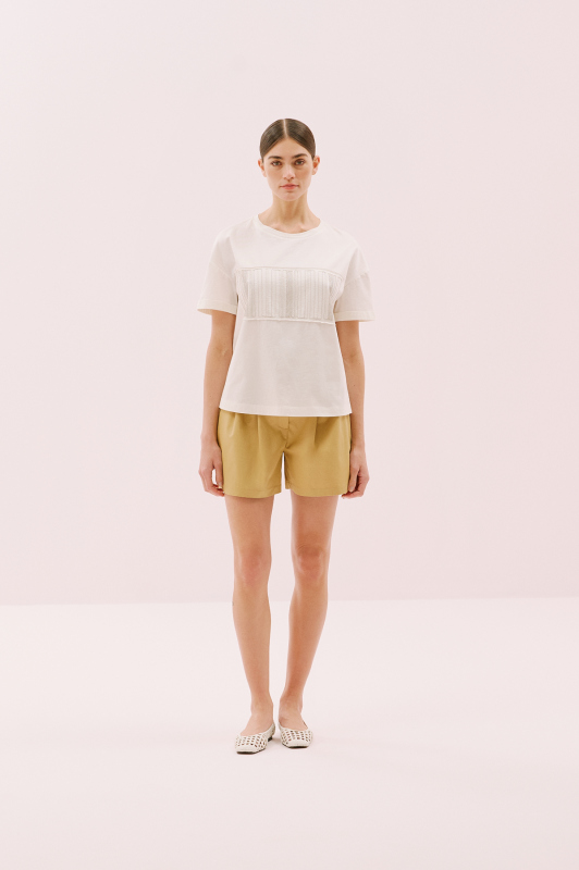 Bisiklet Yaka Önü Nakışlı T-shirt Bej - 4