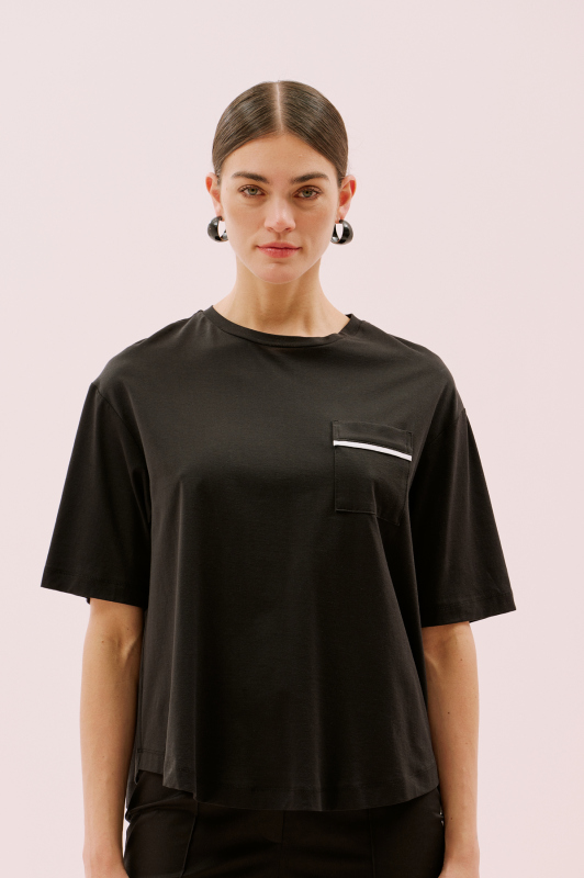 Biye Detaylı Arkası Yırtmaçlı T-shirt Siyah - Roman (1)