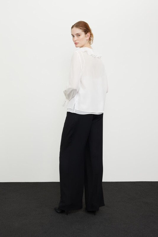 Volan Yakalı Uzun Kol İpek Bluz Beyaz - Roman (1)