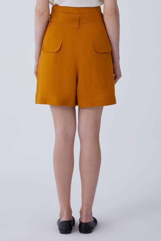 Bol Paça Keten Kadın Şort Hardal - 2