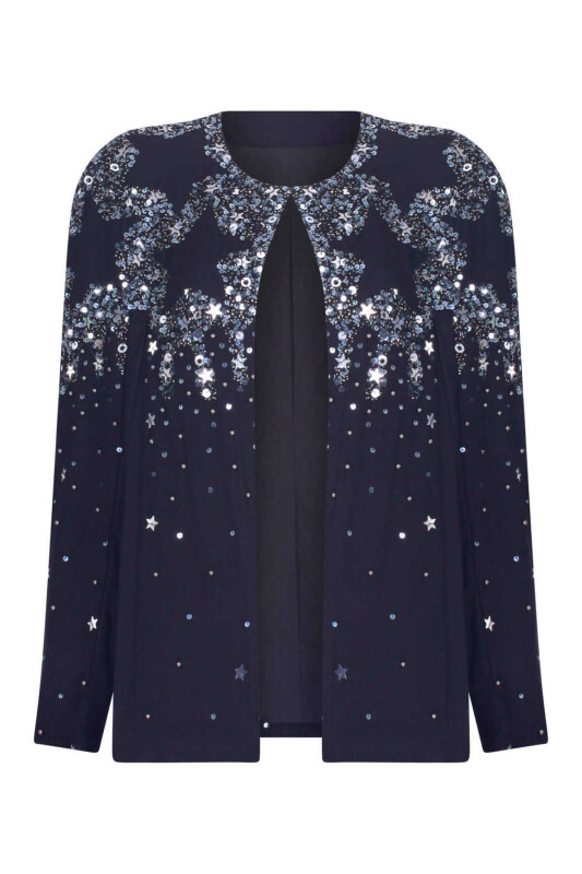  Boncuk İşlemeli Abiye Pelerin Siyah - 4