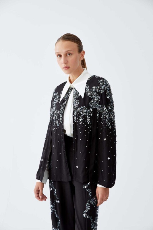  Boncuk İşlemeli Abiye Pelerin Siyah - 2