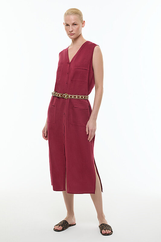 Gömlek Elbise Bordo - 4