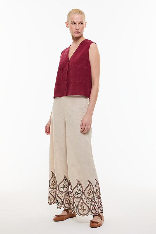 Çift Cepli Keten Gömlek Bordo - 3