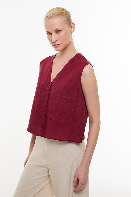 Çift Cepli Keten Gömlek Bordo - 4