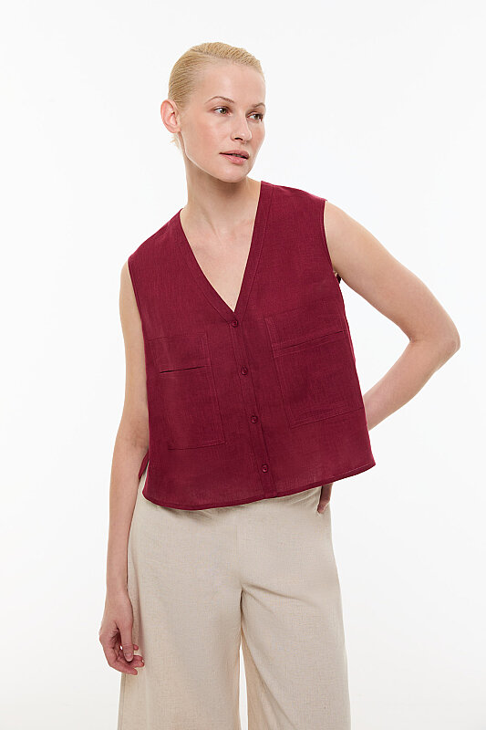 Çift Cepli Keten Gömlek Bordo - Roman