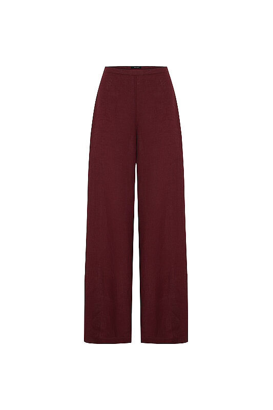 Geniş Paça Keten Pantolon Bordo - 3