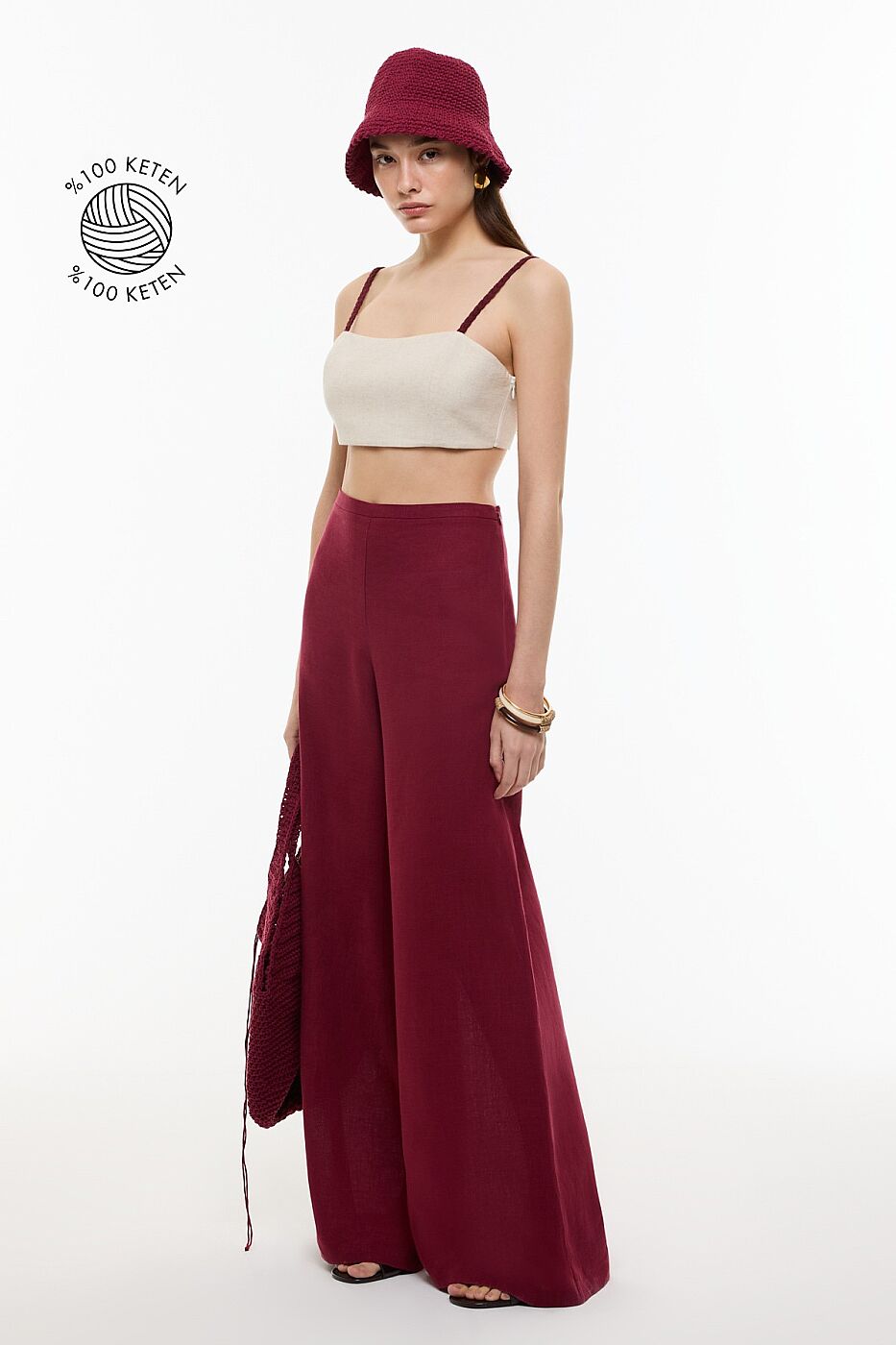 Geniş Paça Keten Pantolon Bordo - 1
