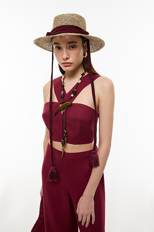 Bordo Bağcıklı Şapka Naturel - 3