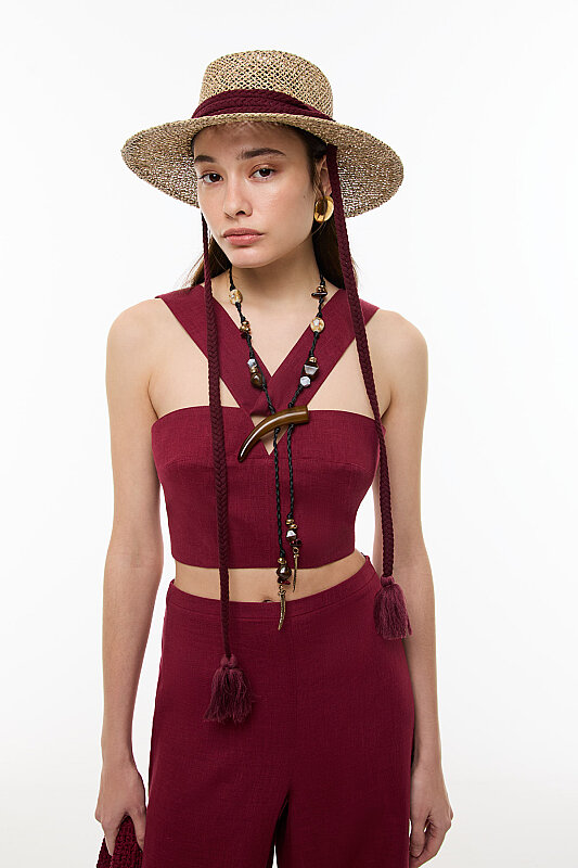 Bordo Bağcıklı Şapka Naturel - Roman