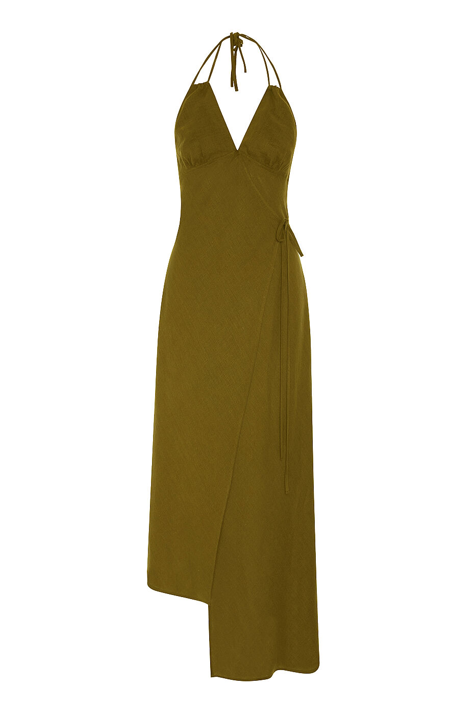 Boyundan Bağlamalı Keten Elbise Olive - 5