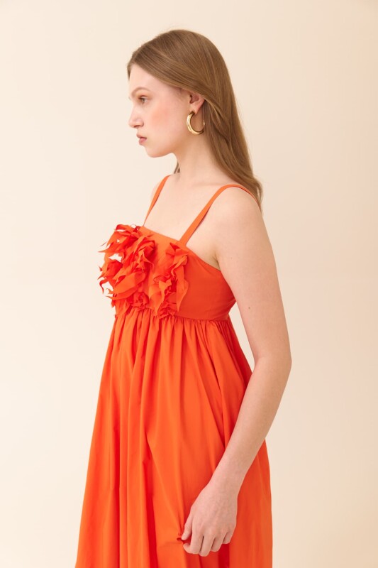 Büzgülü Maksi Boy Tafta Elbise Oranj - 3