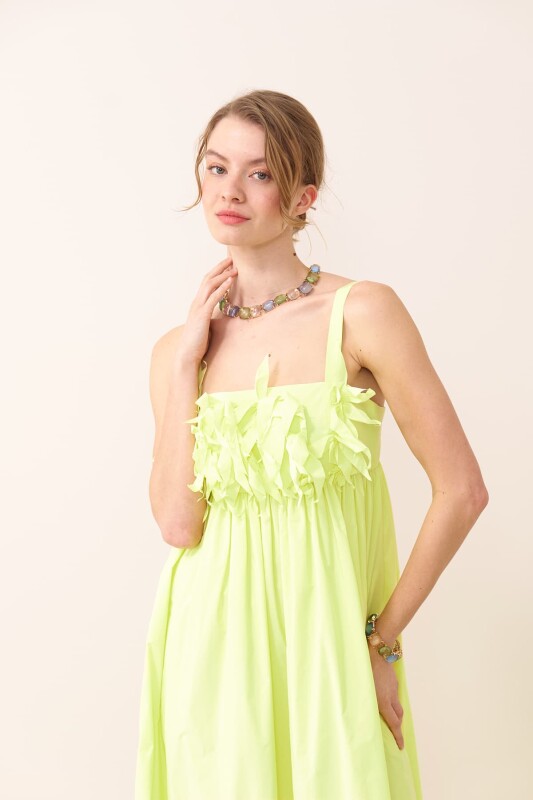 Büzgülü Maksi Boy Tafta Elbise Sarı - 3