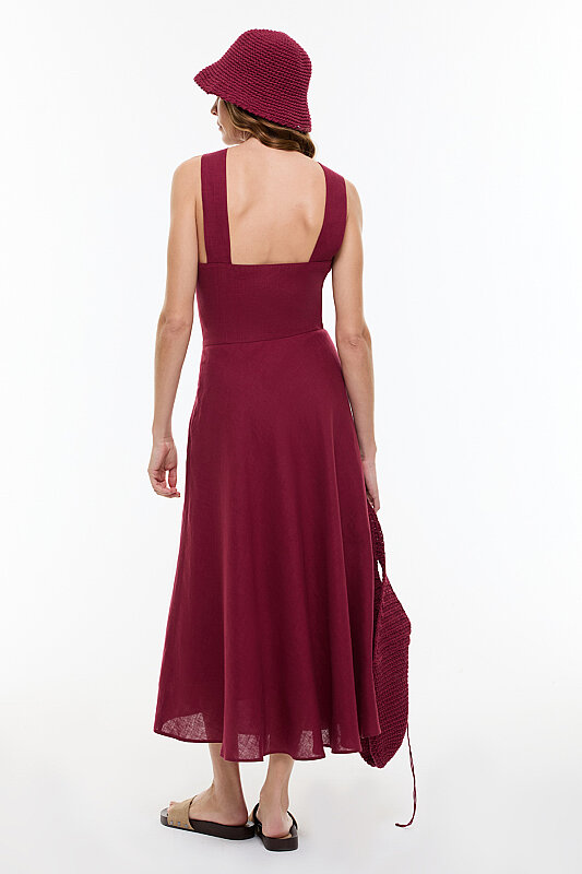 Çapraz Bantlı Midi Boy Keten Elbise Bordo - Roman (1)