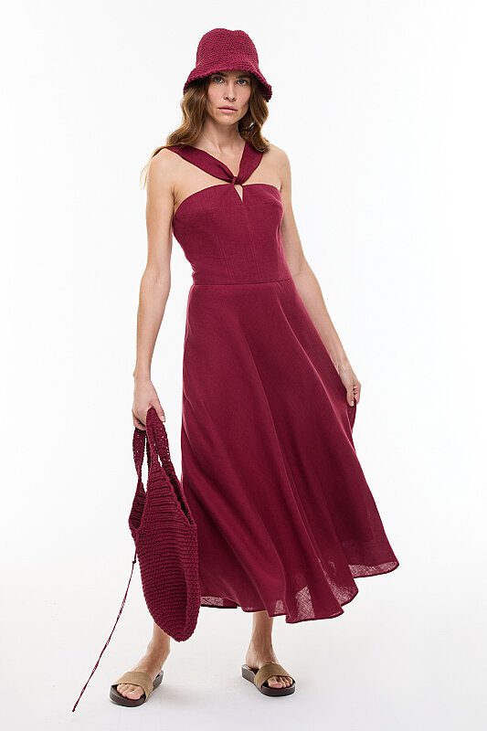 Çapraz Bantlı Midi Boy Keten Elbise Bordo - 3