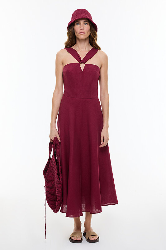 Çapraz Bantlı Midi Boy Keten Elbise Bordo - 4