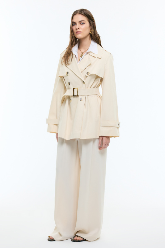 Ceket Yaka Kruvaze Beli Kemerli Trençkot Bej - 4