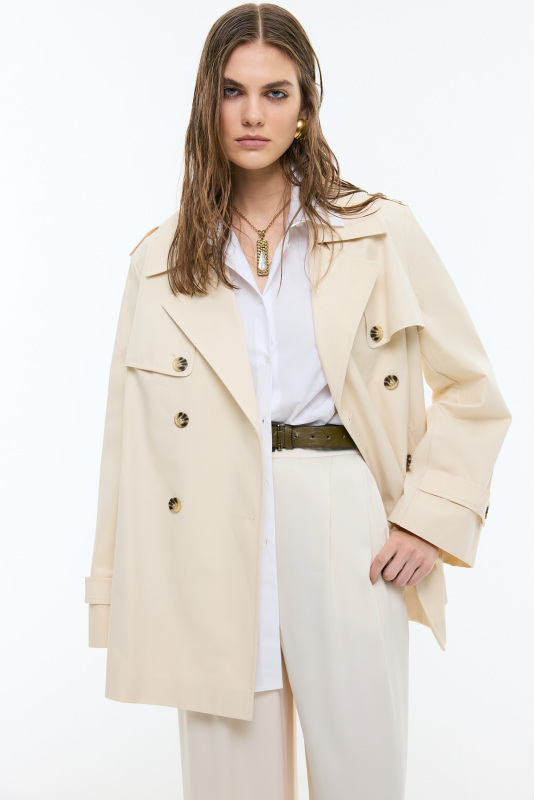 Ceket Yaka Kruvaze Beli Kemerli Trençkot Bej - Roman