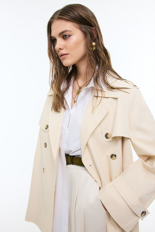 Ceket Yaka Kruvaze Beli Kemerli Trençkot Bej - 5