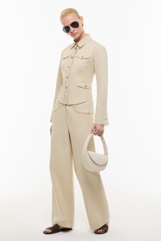 Cep Detaylı Geniş Paça Pantolon Bej - 3