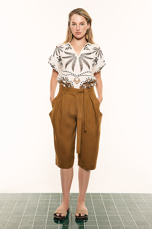 Cep Detaylı Keten Bermuda Şort Olive - Roman